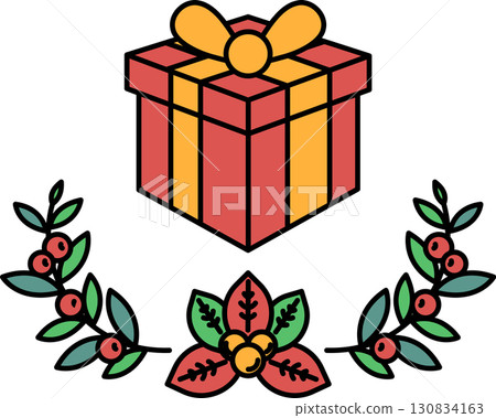 A red and yellow box with a yellow bow on top of a green leafy border 130834163