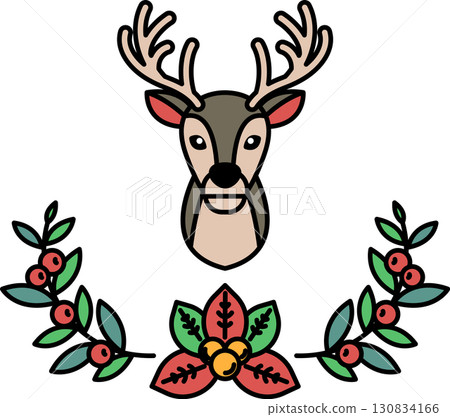 A deer head is surrounded by leaves and berries A deer head is surrounded by leaves and berries 130834166