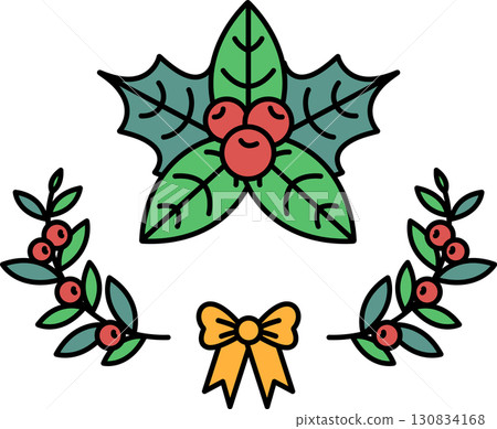 A Christmas wreath with red berries and a yellow bow A Christmas wreath with red berries and a yellow bow 130834168