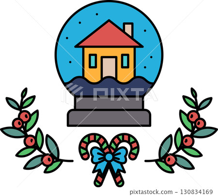 A house is shown in a snow globe with a wreath of leaves and a ribbon 130834169