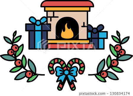 A fireplace with a wreath of leaves and a candy cane in front of it 130834174