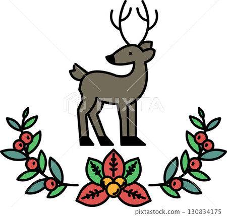 A deer is standing in front of a wreath of leaves and berries A deer is standing in front of a wreath of leaves and berries 130834175