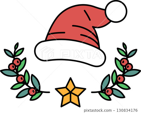 A red hat with a white star and a red leafy wreath 130834176