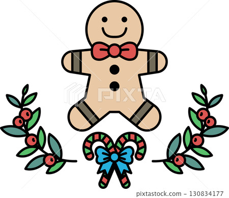 A cartoon gingerbread man with a bow tie is surrounded by a wreath of berries 130834177