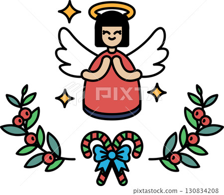 A cartoon drawing of a woman angel with wings and a red dress 130834208