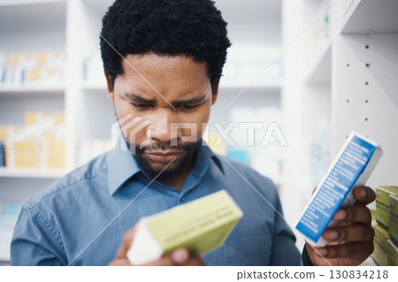 Black man, pharmacy stock check and pharmacist in a wellness, healthcare and drugs clinic. Reading, medical information and a retail pharmaceutical worker with pills storage and store supplements Black man, pharmacy stock check and pharmacist in a wellness, healthcare and drugs clinic. Reading, medical information and a retail pharmaceutical worker with pills storage and store supplements 130834218