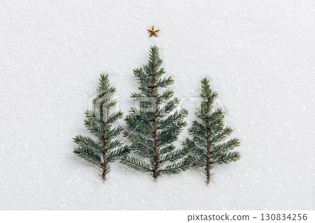 Simple Twig Christmas Three on the Snow White Background. DIY. Handmade Decorations. Easy Idea of Wooden Xmas Decor. Nordic, Boho Design. Unique Minimal Ornament. Zero Waste Fir. Aesthetic Xmas Craft. 130834256