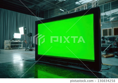 Television green screen. Interior of a living room. TV Media Entertainment center mockup. Digital Display showing blank green background. Modern TV chroma key template. Luxury Cozy home. Online cinema 130834258