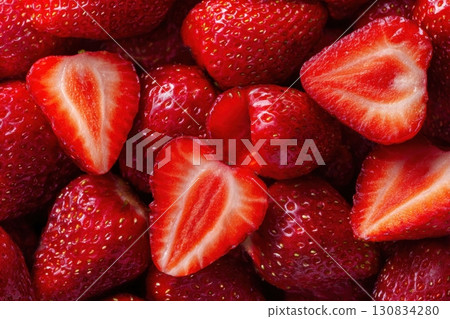 Sweet strawberry background. Full frame of fresh strawberries. Red ripe berry wallpaper closeup. Juicy berries. Vegetarian, vegan raw food. Organic bio product. From farm to table. Fruit pattern 130834280