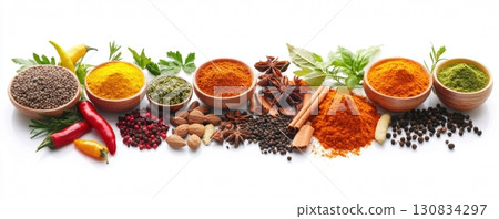 Spices. Different seasoning in cups. Spice background. Herbs, ground spices for cooking on a white backdrop. Top view. Variety of colorful, organic, dried, vibrant condiment. Indian food. Long banner Spices. Different seasoning in cups. Spice background. Herbs, ground spices for cooking on a white backdrop. Top view. Variety of colorful, organic, dried, vibrant condiment. Indian food. Long banner 130834297