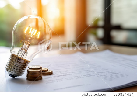 Counting and Calculate Cost Money of Electricity and Heating Bill. Electric Cap, Glowing Light Bulb and Euro Banknotes on the Background. Increase in the Cost of Electricity. Price Hike. Energy Crisis 130834434