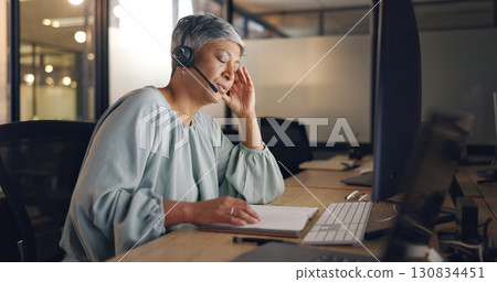Business woman, headache and call center stress, pain or frustrated on computer with sales fail, crisis or bad news. Agent, night consultant or tired manager with depression or telemarketing mistake 130834451