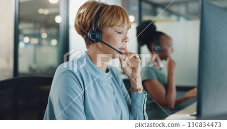 Business woman, headache and call center stress, pain or frustrated for communication error or telemarketing crisis. Agent, consultant or african person on computer and breathing for mental health Business woman, headache and call center stress, pain or frustrated for communication error or telemarketing crisis. Agent, consultant or african person on computer and breathing for mental health 130834473