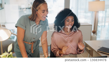 Teamwork, success and business people celebrate for laptop learning, training and problem solving. Happy, celebration and winner hand sign of marketing women and manager on solution, goals or mission 130834478