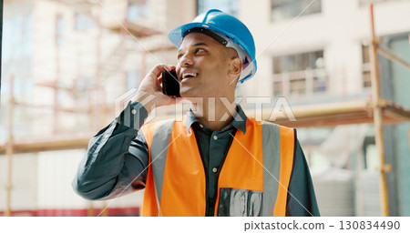 Construction worker, radio communication and a man professional architect on site for industrial design. Project management, engineer and happy builder working on a building site for architecture Construction worker, radio communication and a man professional architect on site for industrial design. Project management, engineer and happy builder working on a building site for architecture 130834490