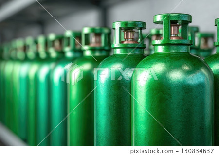 Green oxygen tanks. Bundle of gas cylinder and high pressure gauges, meter, valve. Many argon cylinders with compressed gas for industry, welding. Fuel manufacturing. Liquefied gas production, factory 130834637