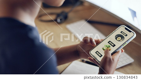 Phone screen, hands and food delivery, online shopping and e commerce menu or ux design in night office. Customer or person scroll or search on mobile app for restaurant website with dinner choice 130834843