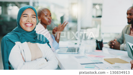 Portrait, meeting and Islamic woman with arms crossed, business and cooperation with brainstorming. Face, African person and happy manager with employees, professional and smile with ideas or project Portrait, meeting and Islamic woman with arms crossed, business and cooperation with brainstorming. Face, African person and happy manager with employees, professional and smile with ideas or project 130834913