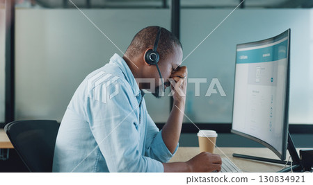 Business man, headache and call center stress, pain or frustrated for communication error or telemarketing crisis. Agent, consultant or african person on computer screen with sales fail, news or sad 130834921