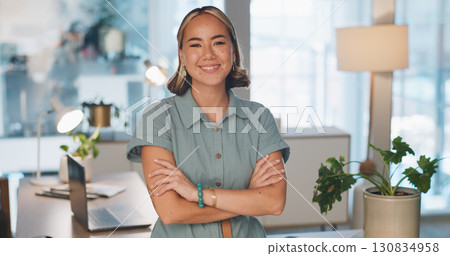 Happy business woman, portrait and arms crossed of professional in career ambition at office. Female person, manager or entrepreneur smile in happiness for corporate success or mindset at workplace 130834958