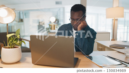 Business, laptop and black man sleeping, burnout and overworked with a deadline, exhausted and overwhelmed. African person, lazy employee and entrepreneur with a pc, dreaming and tired with fatigue 130834989