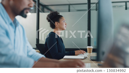 Business, woman and computer in office, thinking and search internet with digital app, connection and deadline. Staff, coworkers or employees with a pc, administrator or online reading in a workplace 130834992