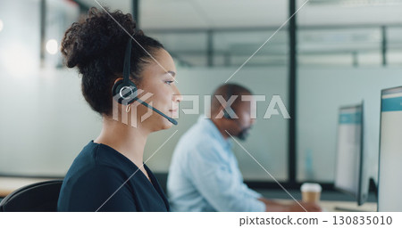 Woman, employee or agent with headset by working at office by telecom, customer care or inbound marketing. Girl, person or worker with computer, online or technology for call, clients and account Woman, employee or agent with headset by working at office by telecom, customer care or inbound marketing. Girl, person or worker with computer, online or technology for call, clients and account 130835010