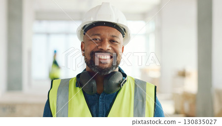 Happy black man, portrait or construction engineer, industrial manager and pride in architecture, renovation or innovation. African architect, safety PPE or project management of property development Happy black man, portrait or construction engineer, industrial manager and pride in architecture, renovation or innovation. African architect, safety PPE or project management of property development 130835027