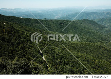 Expansive green forest landscape of Stara Planina with endless mountain ridges fading into the distance. Serbia country 130835076