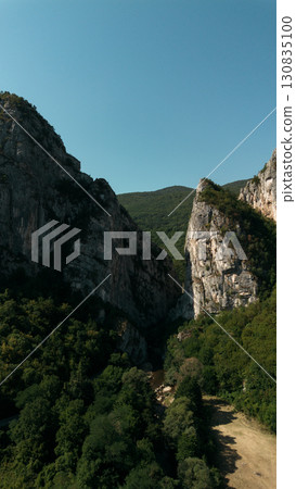 Drone shot of Jerma Canyon fields and rocky cliffs surrounded by forest in Serbia. Aerial vertical view 130835100