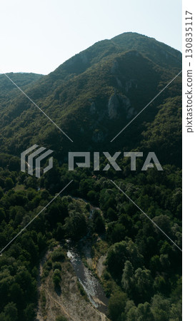 Aerial view of Jerma Canyon in Serbia with green mountains and a winding river below. Scenic drone photography of untouched Balkan nature 130835117