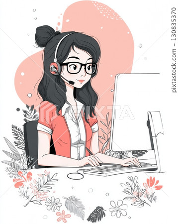 A woman with a headset and glasses sits at a desk typing on a computer. The desk is decorated with floral design elements. She appears friendly. 130835370