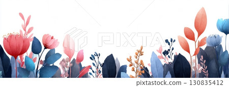 A vibrant display of assorted flowers and foliage in shades of pink, blue, and green creates a lively and inviting atmosphere, ideal for creative use. 130835412