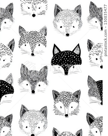 Artistic representations of different fox faces display striking details and diverse patterns, arranged in a symmetrical layout over a neutral backdrop. 130835477
