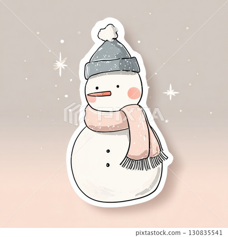 A cute snowman adorned with a cozy hat and scarf stands against a soft pastel background, emanating joy during the winter season. 130835541