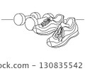 Line drawing of a fitness illustration of sneakers and dumbbells 130835542