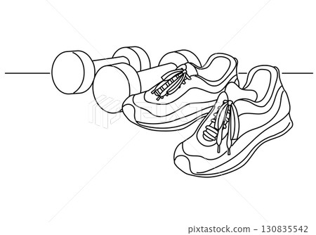 運動鞋和啞鈴的健身插圖線條畫 130835542