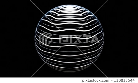 A smooth, wavy design wraps around a spherical object, creating an elegant look against a black background that highlights its symmetry. 130835544