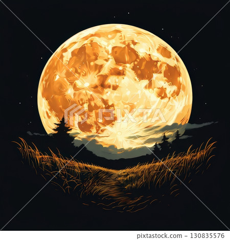 an AI Image Generator, Full Moon Rising Over a Country Field and Pine Trees 130835576