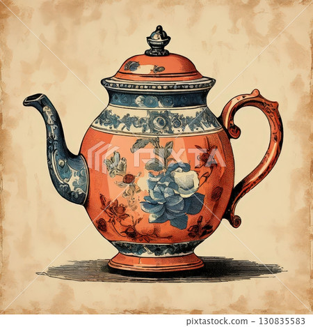 an AI Image Generator, Ornate Vintage Teapot and Teacups on Rustic Wooden Table 130835583