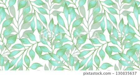 Seamless pattern with graceful turquoise branches with leaves. Watercolor illustration. Hand drawn botanical isolated art. Horizontal background for textile, packaging, wallpaper, fabric, paper. 130835637