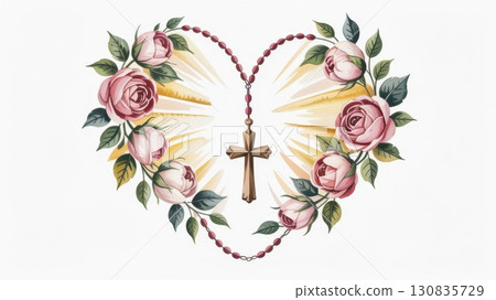 Beautiful Watercolor Illustration Depicting a Heart Made of Roses and a Cross With Rays of Light 130835729