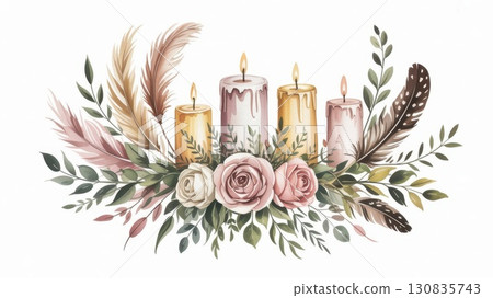Beautiful Watercolor Illustration Featuring Candles, Roses, and Foliage in a Serene Arrangement 130835743