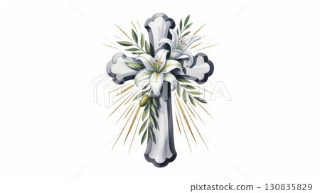 Beautiful Watercolor Illustration of a Floral Cross Decorated With Lilies and Vines 130835829