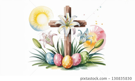 Beautiful Watercolor Illustration Featuring a Cross, Easter Lilies, and Decorated Eggs Amidst a Spring Backdrop 130835830