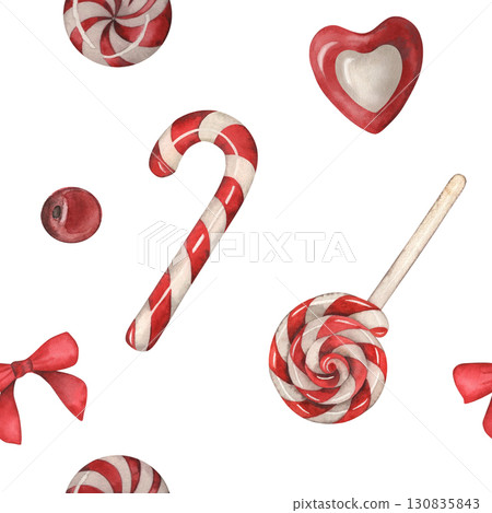 Seamless pattern with Christmas lollipops, candies. The watercolor illustration with festive sweets is hand-drawn. For New Year's packaging design, gift paper, fabric, textiles, and printing Seamless pattern with Christmas lollipops, candies. The watercolor illustration with festive sweets is hand-drawn. For New Year's packaging design, gift paper, fabric, textiles, and printing 130835843