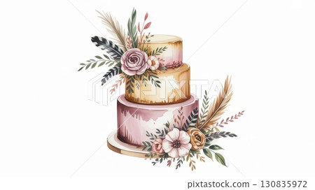 Elegant Watercolor Illustration of a Decorative Cake Adorned With Flowers and Foliage 130835972