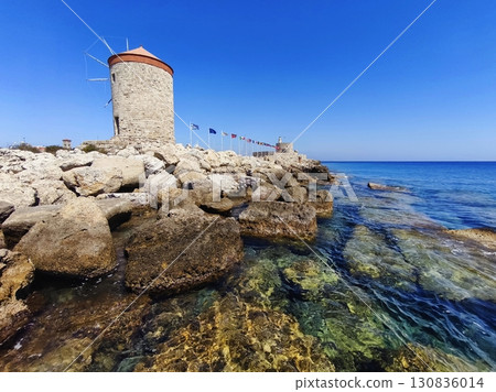 Rhodes windmills. Beautiful concept for travel and vacation in Greece. 130836014