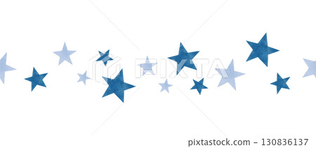 Seamless border of blue stars of different sizes. Watercolor illustration. Banner with night sky atmosphere. Hand drawn isolated art. Cartoon children's sketch for bedroom, bed linen, packaging. 130836137