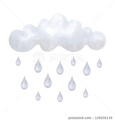 Cloud with falling raindrops. Watercolor and marker illustration. Composition in blue tones with elements of sky and weather. Hand drawn isolated art. Children's drawing for bedroom, clothes. 130836139